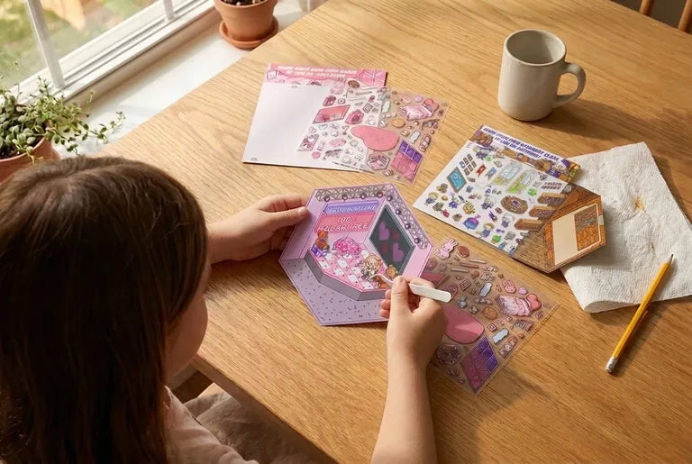 A child using tweezers to arrange GOODVIBESUMMER scene stickers at a kitchen table